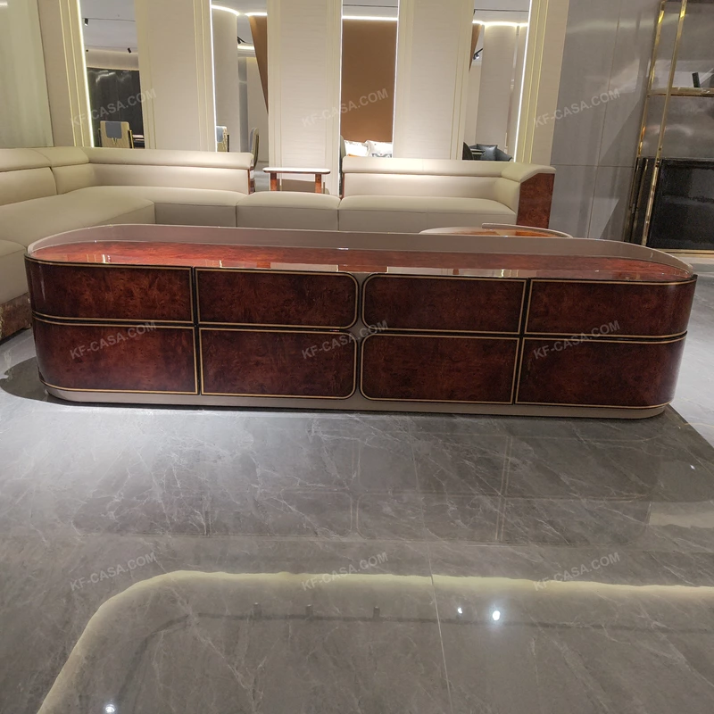 Oval Silhouette High-Gloss Wood TV Stand with Metal Inlay Panels and Base Trim
